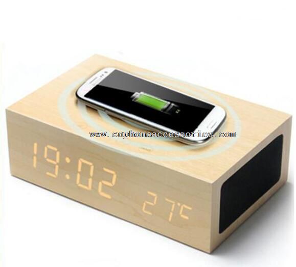 MP3 de LED en bois haut-parleur Bluetooth chargeur sans fil avec horloge et thermomètre