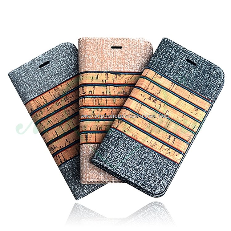 Caixa de telefone de madeira padrão de couro para iPhone 6 Plus com 1 Slot para cartão nas costas e TPU Shell
