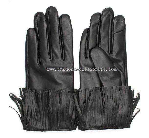 Fashion index finger touch screen black tassels leather gloves