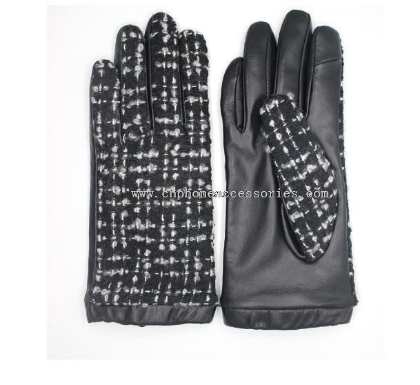 leather and black and white fabric women touchscreen leather gloves