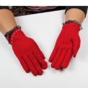 red comfortable touch screen woolen gloves with lace images