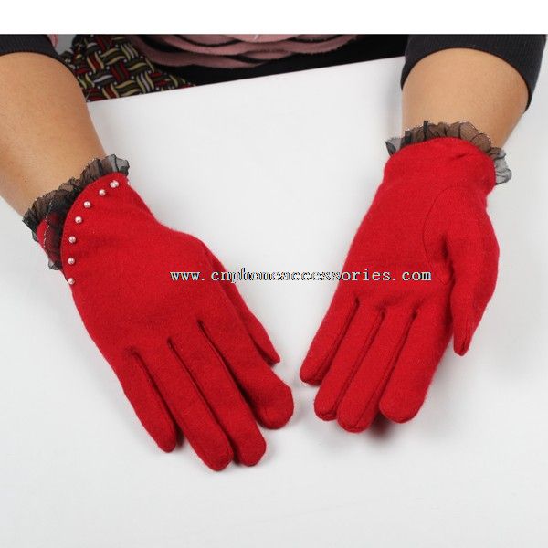 red comfortable touch screen woolen gloves with lace