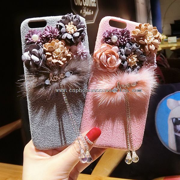 3D Beautiful Flower Rabbit Hair Diamond Pendent Flannel Phone Case for iPhone 7/7 Plus