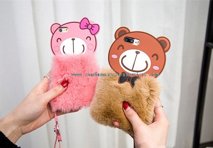 3D Bear Silicone Rabbit Hair Plush Phone Case with Hanging Rope for iPhone 7/7 Plus