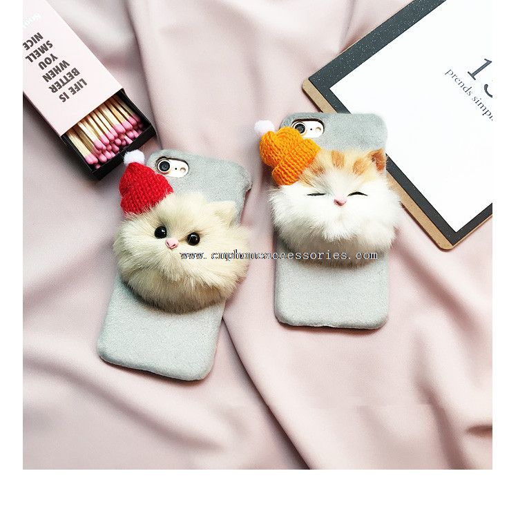 3D Plush Cat with Hat Suede Hard Winter Phone Case for iPhone 7/7 Plus