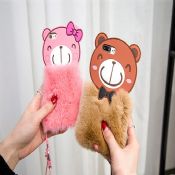 3D Bear Silicone Rabbit Hair Plush Phone Case with Hanging Rope for iPhone 7/7 Plus images