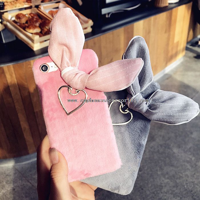 Plush Metal Heart Rabbit Ears Decoration Funky Mobile Phone Suede Case for iPhone 7/7 Plus