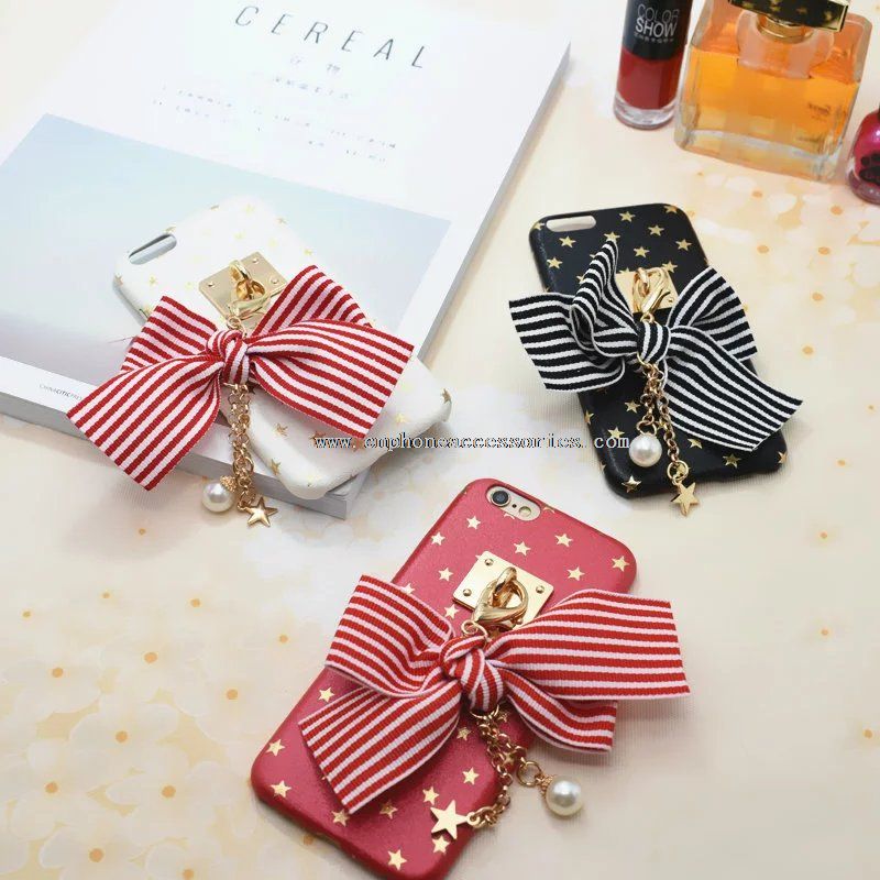 Stick Leather Mental Chain Pearl Star Bowknot Beautiful Gilrs Phone Case for iPhone 7 Plus