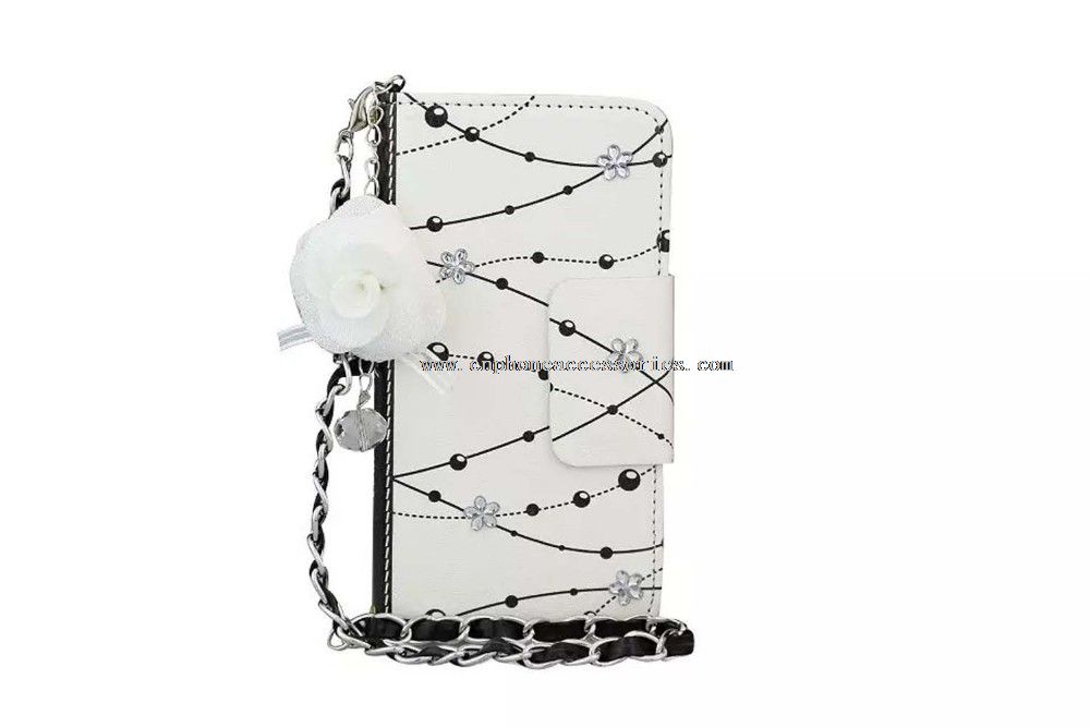 3D Bling Diamond Flower Design mit Saiten aus Perlen PU Wallet Flip-Cover Case