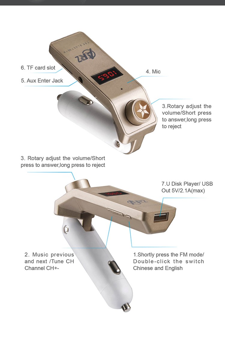 Bluetooth autós mp3 lejátszó fm transmitter USB TF AUX