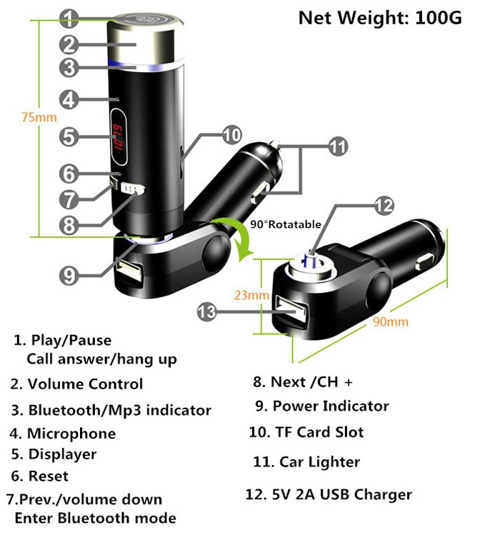 bluetooth fm transmisor para coche con cargador de usb 5V 2A