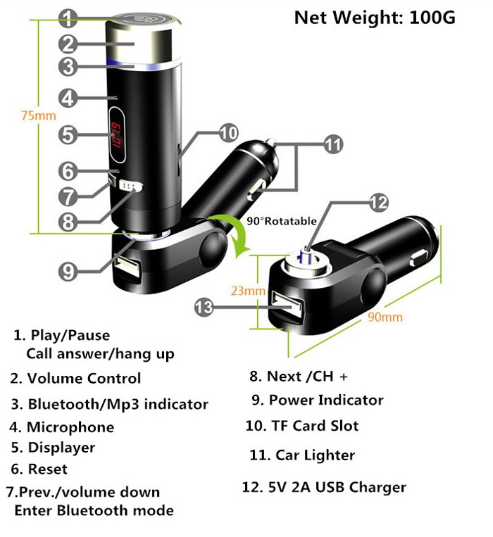 fm nadajnik zestaw samochodowy bluetooth z ładowarka usb 5V 2A