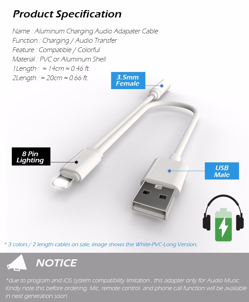 Earphone Cable for iPhone 7 Plus