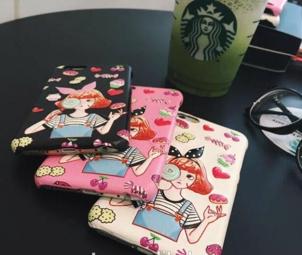 para iPhone7 pc Hard Case 3D Cute Candy Girl PU Couro Caso