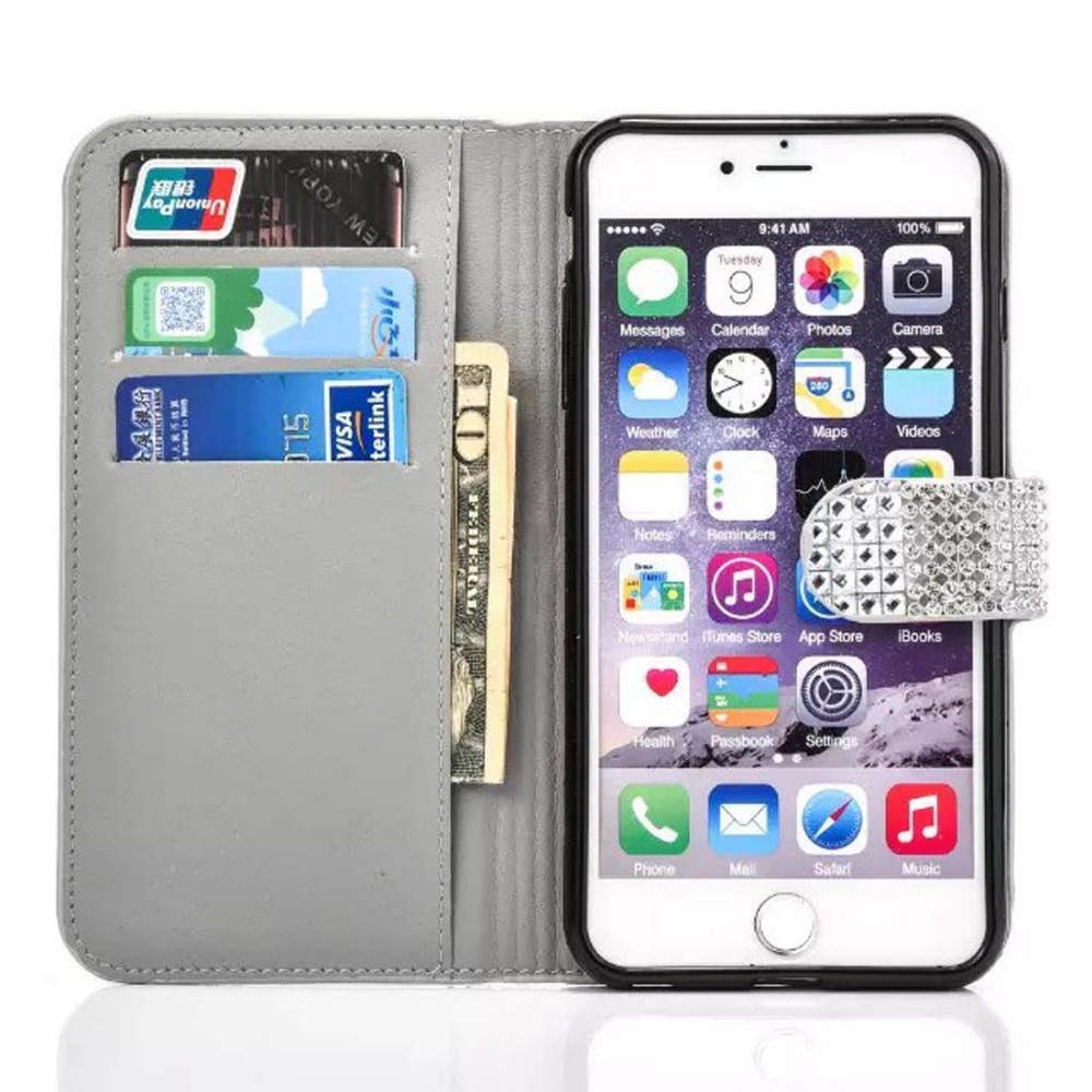  Crystal Diamond med Kreditkort Plånbok Fickor Magnetisk Flip Phone Täcker Fallet för iphone 6/6s